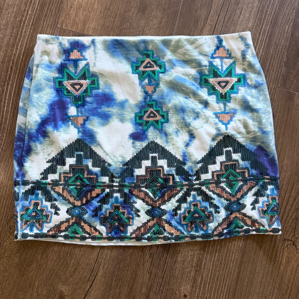 Express Mini Skirt Women Size S Blue Tie Dye Sequin Aztec Geometric Stretch